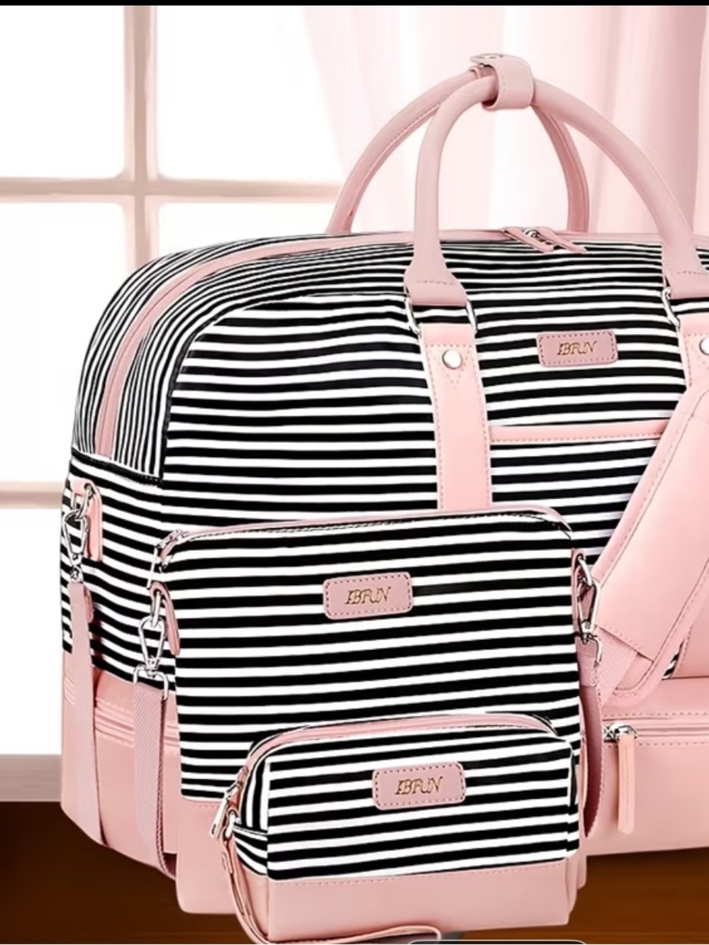 WEEKENDER STRIPED CANVAS TRAVEL TOTE BAG SET with SHOE COMPARTMENT NWT